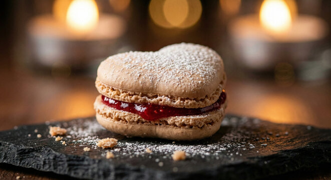 Close-up of heart-shaped raspberry macaron with powdered sugar on slate plate against romantic candlelight background.