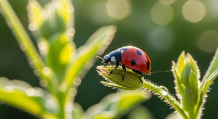 Obraz premium Ladybird resting on a green leaf, showing bright red shell with black spots. A beneficial beetle known for controlling aphids and symbolizing luck in many cultures.