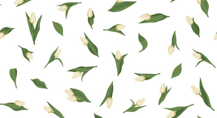Simple and elegant seamless pattern of scattered white tulip buds and fresh green leaves randomly arranged on a clean white background for a fresh feel.