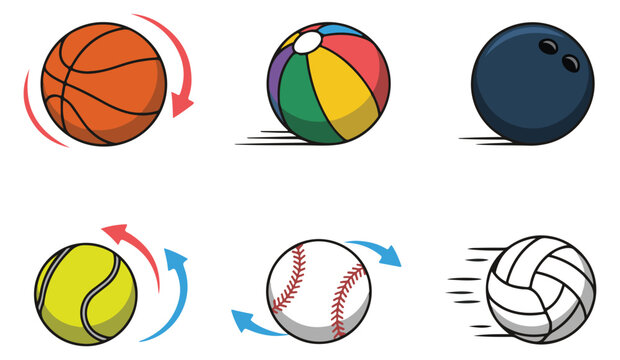 Various sports balls in motion with speed lines and rotation arrows on white background illustration
