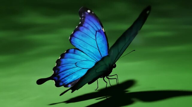 Green Screen morpho menelaus blue butterfly flying on a background beautiful 3d animation with passes of shadow and global illumination 4k scene 1 distortion, overlay, glitch, static noise, scan lines