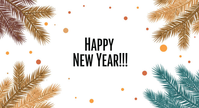 Festive Happy New Year greeting card design featuring stylized pine branches in the corners and colorful confetti on a clean white background.