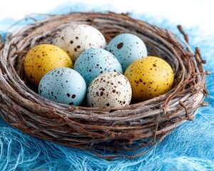 Nest with Easter eggs on a blue background with space for text.