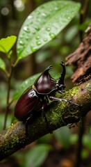 Beautiful Rhinoceros Beetle on Branch.