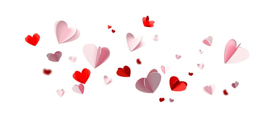 red and pink hearts flying on white background