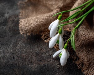 Snowdrop flowers arranged on tree bark on a textile surface
