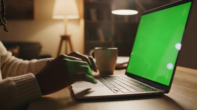 Green Screen unrecognizable person using mockup laptop working remotely at home close up scene 1 with distortion, overlay, glitch, static noise, scan lines on black background, 4k animated video loop