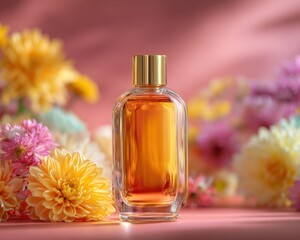 Spa treatment composition with a bottle of perfume or aromatic oil surrounded by flowers on a light background