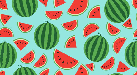 Colorful watermelon pattern with sliced and whole fruits.