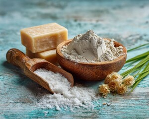 Natural ingredients for a homemade face and body mask or scrub. White clay and natural homemade soap.