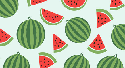 Seamless pattern of watermelon slices and whole watermelons on a light background.