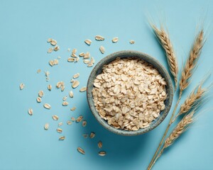 A bowl of dry oatmeal with ears of wheat on a light blue background