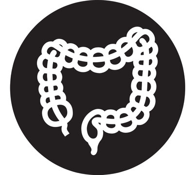 Intestine icon with large colon outline and twisted loops, medical digestive tract symbol in white on black circle, minimal flat design for healthcare UI