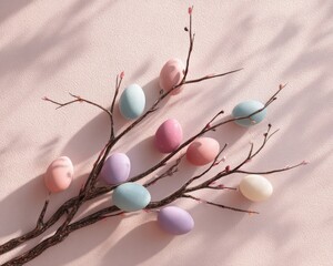 A tree branch decorated with Easter eggs on a soft pink background