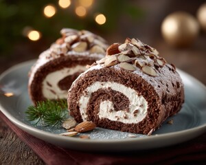 Chocolate roll with almonds on top, a very festive cake, Swiss roll.