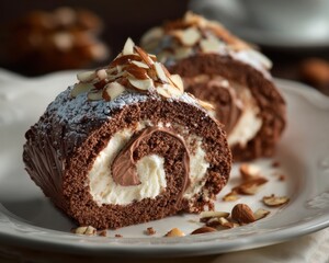Chocolate roll with almonds on top, a very festive cake, Swiss roll.