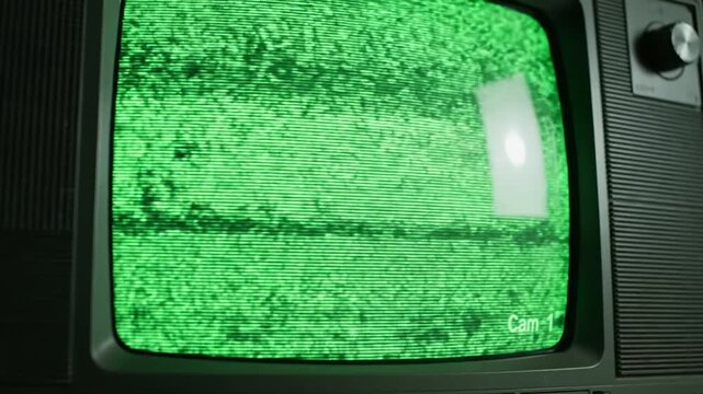 Green Screen cctv cam 1 main monitor display with scan lines on scene 2 distortion, overlay, glitch, static noise, black background, 4k animated video loop