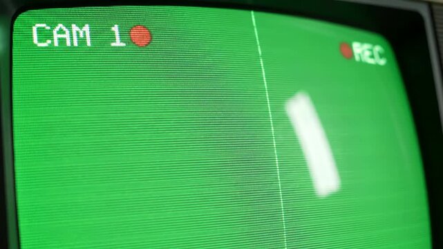Green Screen cctv cam 1 main monitor display with scan lines on scene distortion, overlay, glitch, static noise, black background, 4k animated video loop