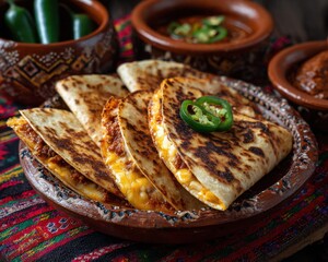 Birria is a quesadilla filled with cheese, sliced ​​jalape&ntilde;o peppers, and Mexican chili peppers, served in traditional wheat tortillas.