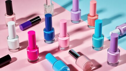Obraz premium Colorful nail polish bottles on pink and blue pastel background.
