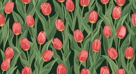 Obraz premium A dense and beautiful seamless pattern of realistic red tulips with lush green leaves, creating a vibrant and classic floral background.