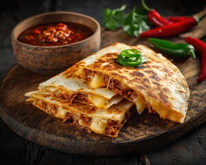 Birria is a quesadilla filled with cheese, sliced ​​jalape&ntilde;o peppers, and Mexican chili peppers, served in traditional wheat tortillas.