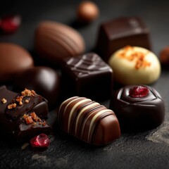 Assortment of gourmet chocolates and pralines on a dark textured background