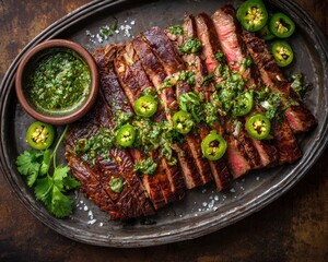 Sliced ​​aged beef tenderloin steak with sliced ​​jalape&ntilde;os, chimichurri sauce and coarse salt.