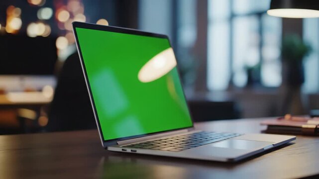 Green Screen laptop with blank in office interior smooth camera movement around object bokeh background home or 4k 24fps uhd scene 2 distortion, overlay, glitch, static noise, scan lines on black