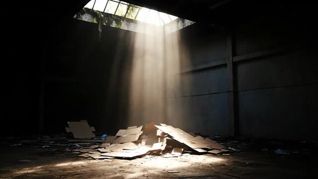 Sunlight falls on cardboard in empty warehouse interior space