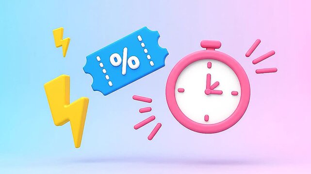 Playful pastel 3D icons floating on gradient background, stopwatch ticket lightning bolts, soft lighting, minimal optimistic clay-style commercial illustration design.