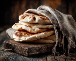 Freshly baked lavash served on a rustic wooden table.