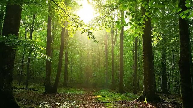 Sunlit deciduous forest with mossy floor and god rays, serene morning atmosphere, lush greens, cinematic nature photography.