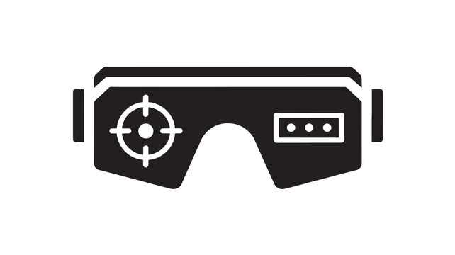Goggles virtual reality headset icon with target reticle and control panel, black silhouette VR glasses for gaming, metaverse, simulation, cyber tech design