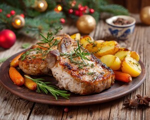 Oven baked pork chops with potatoes and carrots, arranged on a rustic wooden table with festive decor.
