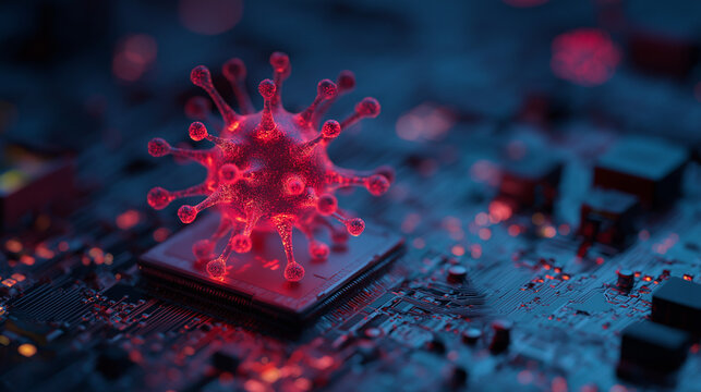 Red Glowing Digital Virus on Microchip, Cybersecurity Threat, Malware Attack and Artificial Intelligence Technology Concept