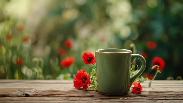 Fondo abstracto con taza de cer&aacute;mica verde encima de una mesa con espacio vacio a modo de expositor de madera en primer plano, amapolas rojas y fondo borroso verde de naturaleza