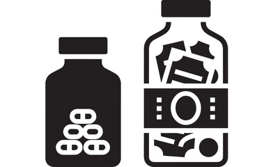 Medicine bottle icon with pills and capsules in black silhouette, minimal pharmacy symbol for healthcare app UI, medical packaging label, hospital signage, isolated