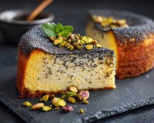 German oven-baked cheesecake topped with poppy seeds and pistachios