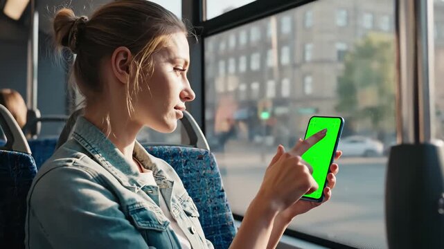 Green Screen young woman hold use phone sitting in bus touch telephone public communication vertical smartphone adult finger chroma urban cellphone application digital scrolling slow motion scene 2
