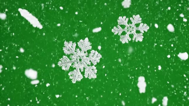 Sparkling Nightfall Flakes with isolated falling snow snowflakes new year winter on chroma key green screen alpha channel background distortion, overlay, glitch, static noise, scan lines black