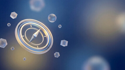 青く澄んだデジタル空間に浮かぶ、ガラスや金属の質感を持つ3Dコンパスの画像です。きらきらと反射する光沢感と浮遊感が、最先端のテクノロジーや未来への革新的なビジョン、ビジネスにおける透明性のある戦略を象徴しています。