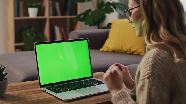 Green Screen young adult analyzing laptop display with in living room using mockup template isolated copy space and blank chrma key background on computer remote school student scene 2 distortion