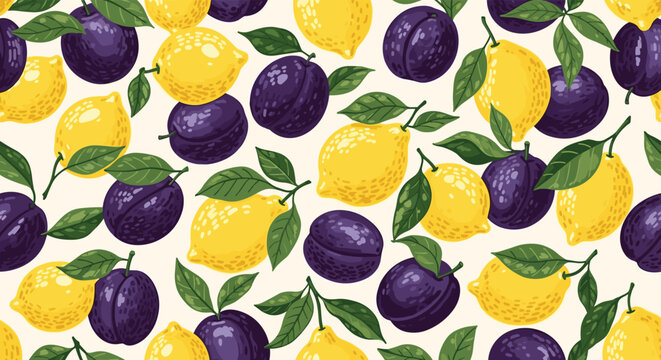 Vibrant seamless fruit pattern with illustrated yellow lemons and purple plums with green leaves scattered on a light cream background.