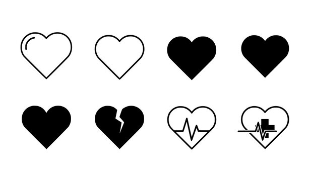 Minimal black heart outline and silhouette vector icons