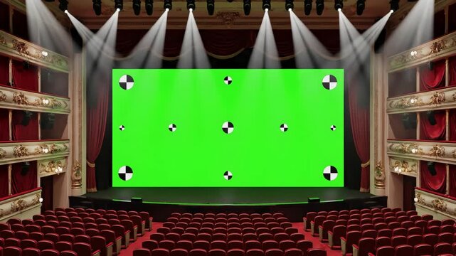 Virtual Production Set with beautiful wide screen in cinema hall moving through over the seats 3d animation lights green and tracking points art technology concept 4k ultra hd 3840x2160 distortion