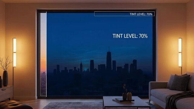 Smart window tinting showing a 70% tint level with a city sunset view.