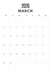 Daily planner. March 2026 minimal calendar template, week starts Monday.