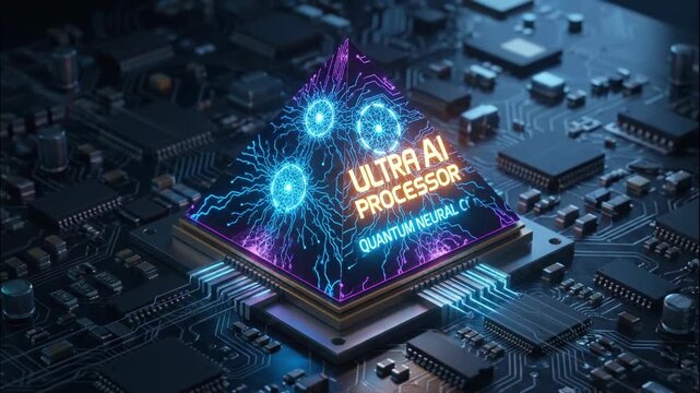 Glowing translucent crystal processor morphs into a quantum neural core with purple and blue energy pulses, symbolizing advanced artificial intelligence computing.