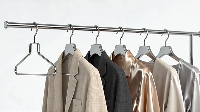 Perchero metálico minimalista con ropa de lino y seda perfectamente planchada